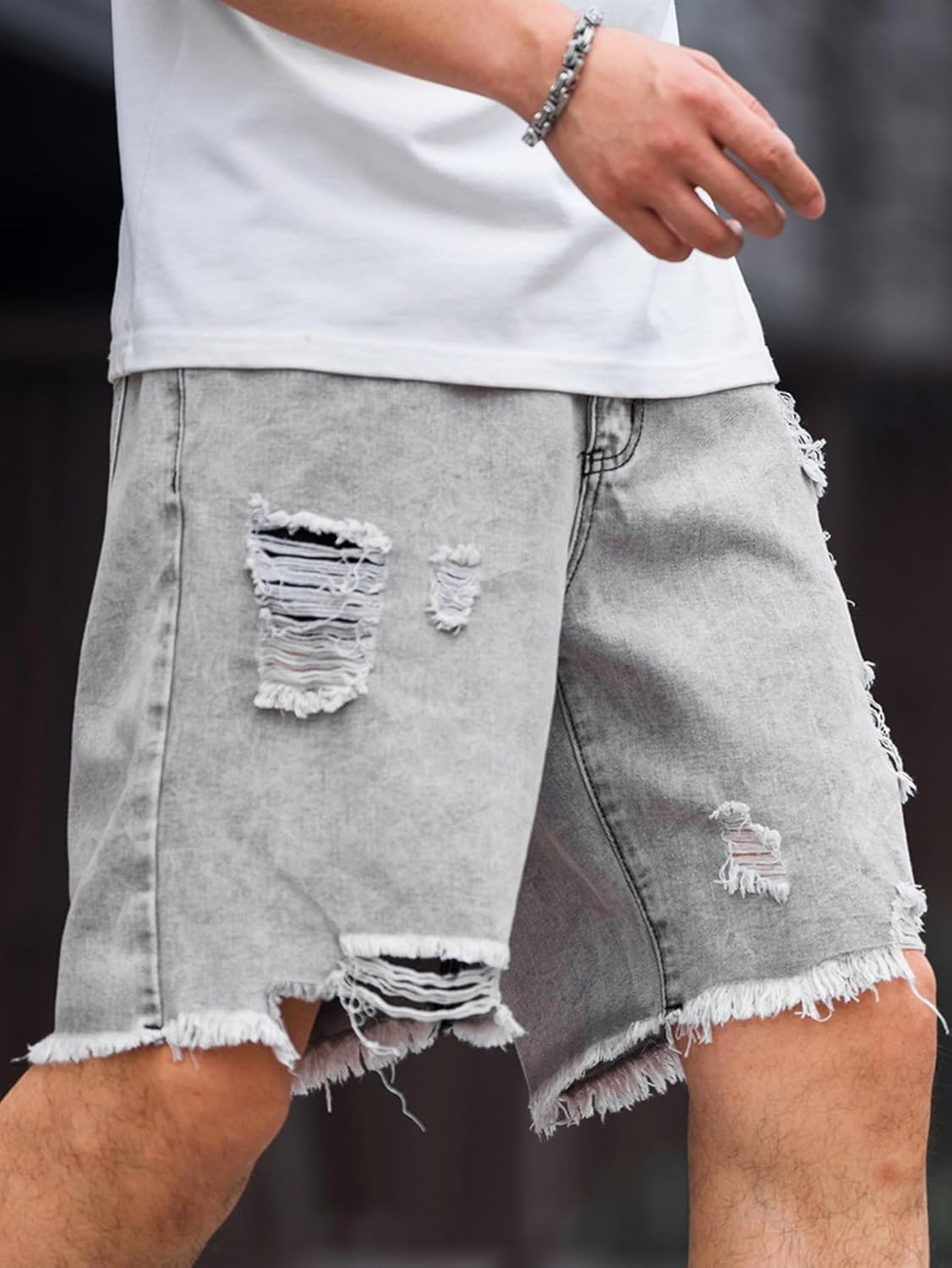 Verdusa Men's Ripped Bermuda Denim Shorts Straight Leg Jean Jorts with Pockets Light Grey X-Large - Image 4