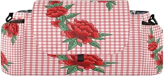 CUPADA Embroidery Roses Checkered Universal Stroller Organizer, Stroller Organizer Bag with Cup Holders Removable Shoulder Strap Fits Most Baby and Pet Strollers