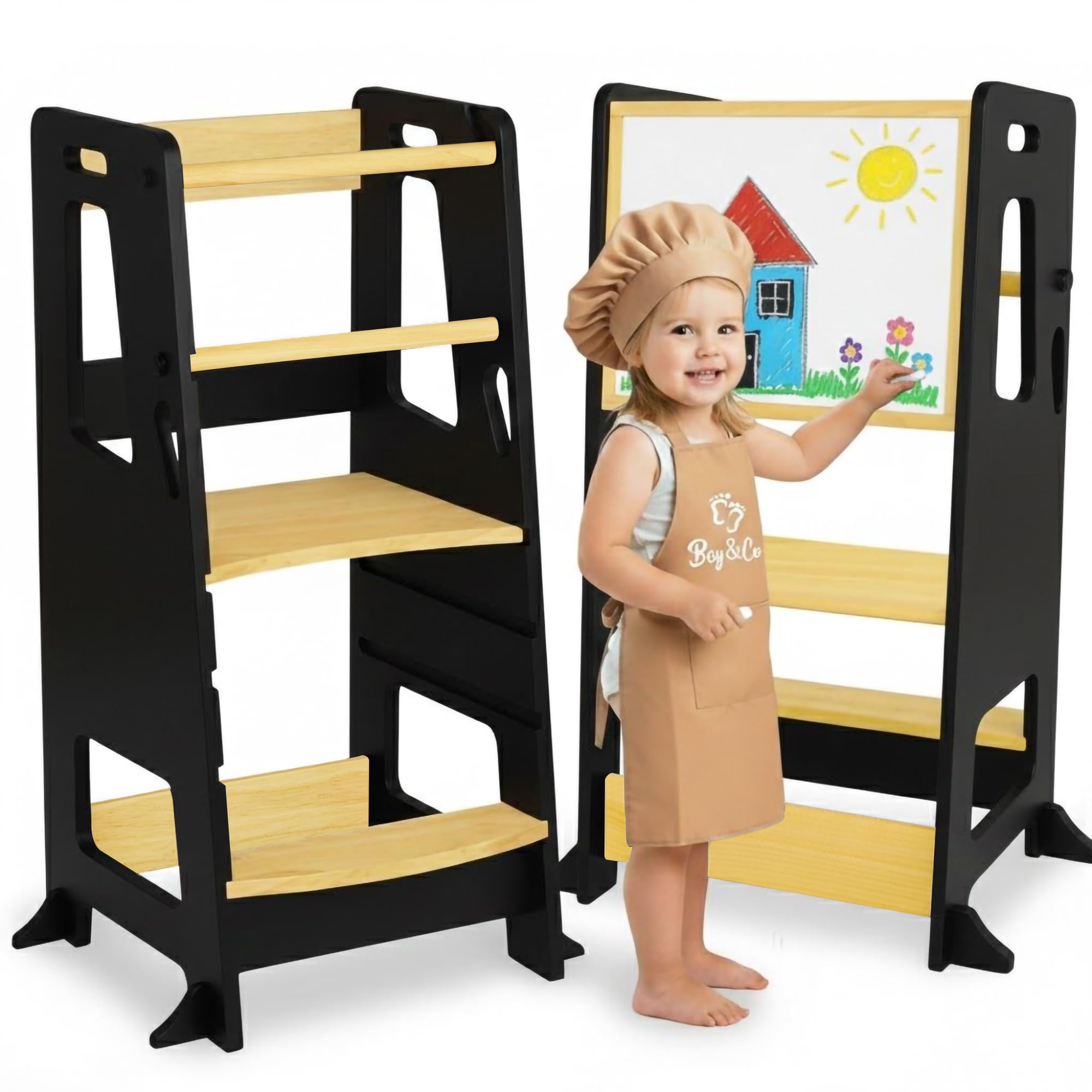 BEY & CO® Lernturm/Entdeckerturm aus Holz – Küchenhelfer für Kinder – 3-Fach höhenverstellbar, mit Rutschfester Oberfläche und kippsicheren Füßen - Montessori-Methode - Ab 12 Monaten (Schwarz)