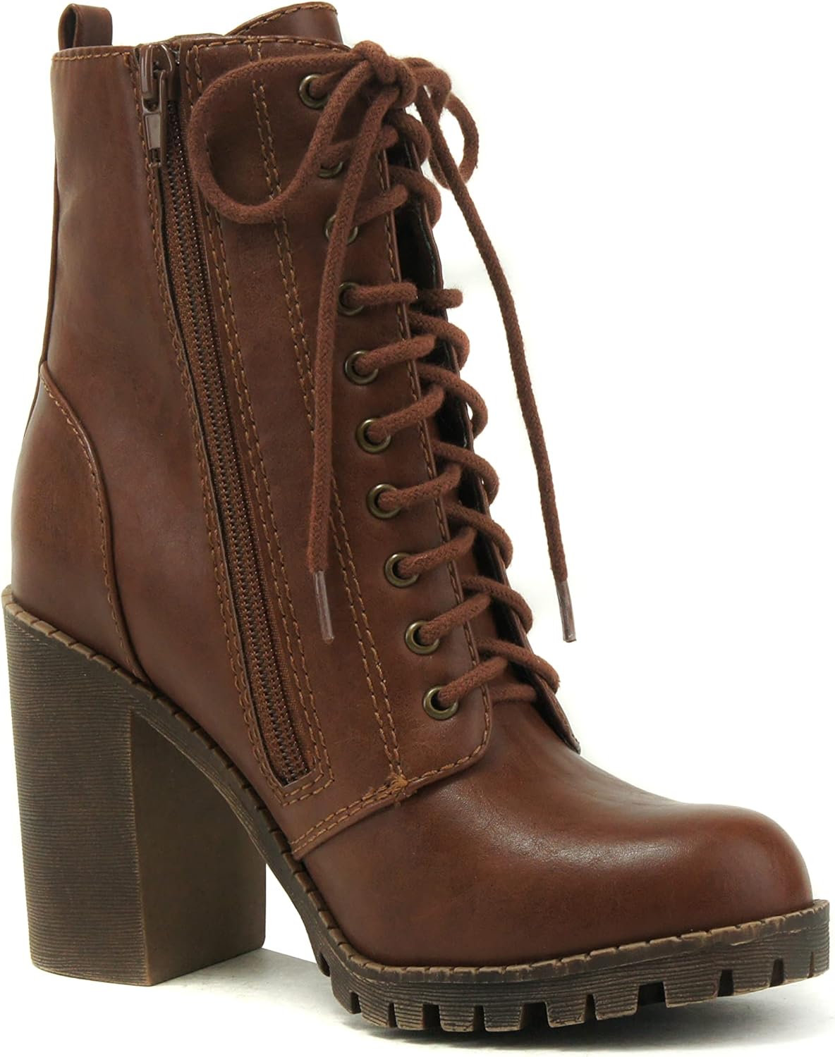 Soda Malia Round Toe Stacked Lug Heel Lace Up Ankle Booties 5.5 Tan