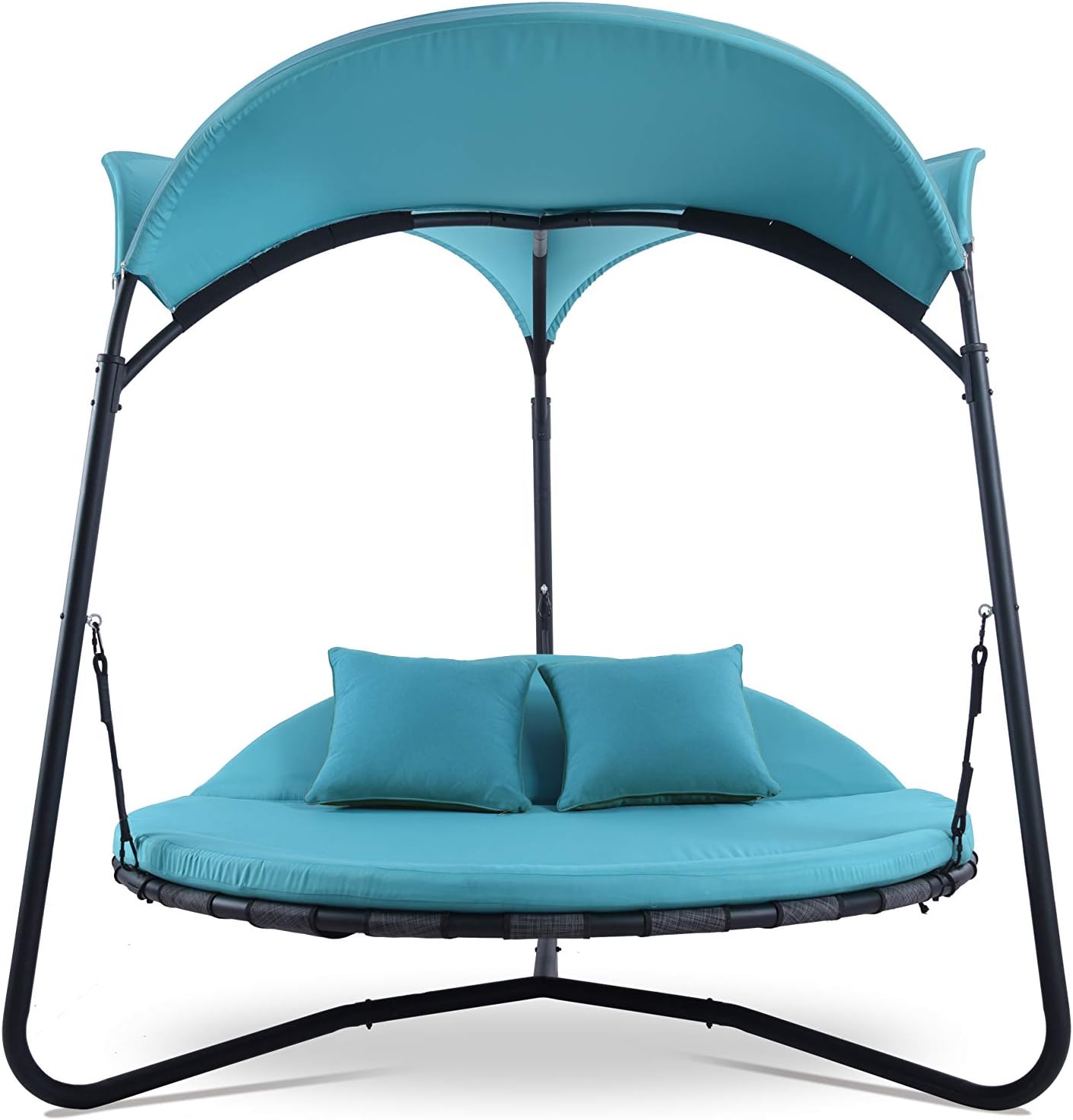 Outdoor Porch Swing Chair with Canopy, Steel Frame, Turquoise Cushion and Pillows, 56.7 x 68.5 x 54.7 inches