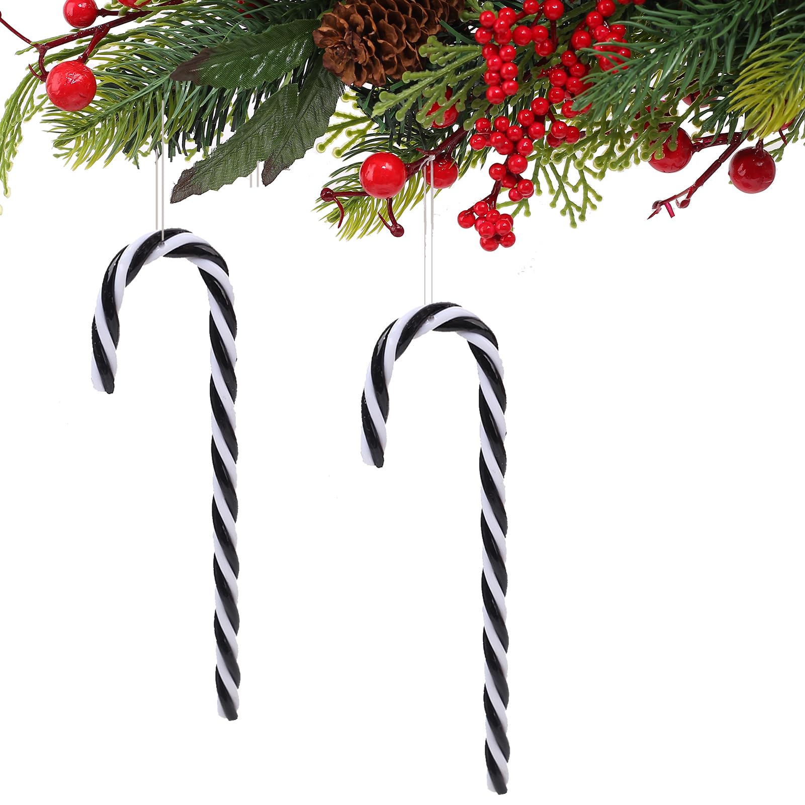 Lot De 12 Décorations Sapin De Noël En Sucre D'orge - Ornements Suspendus Noir Et Blanc - Longueur 13 Cm Avec Chapeau