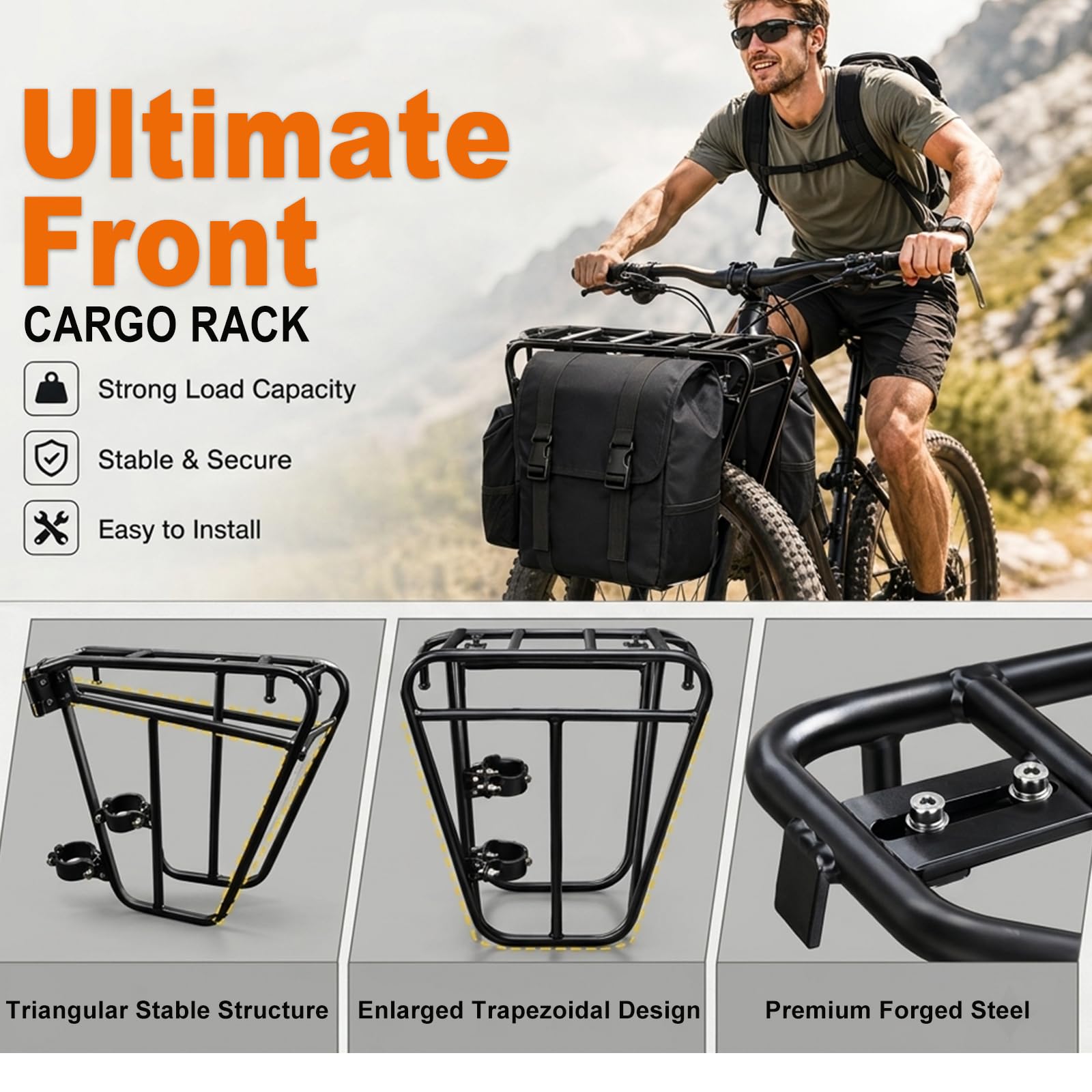 Porte-bagages de vélo, porte-bagages avant et avant pour les randonnées, capacité de charge de 20 kg, porte-bagages avant de vélo pour les trajets sur route
