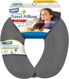 Cloudz Dual Comfort Microbead Travel Neck Pillow - Plush & Spandex Sides, Snap Closure, Luggage Strap, Grey Airplane Pillow
