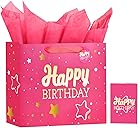Powbrace 13" Pink Happy Birthday Gift Bag with Tissue Paper and Greeting Card for Party,Happy Birthday Gift Bag for Men Women,Gift Bags Medium size(1 PCS Pink Hot Stamping)