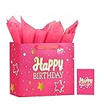 Powbrace 13 Pink Happy Birthday Gift Bag with Tissue Paper and Greeting Card for Party,Happy Birthday Gift Bag for Men Women,Gift Bags Medium size(1 PCS Pink Hot Stamping)