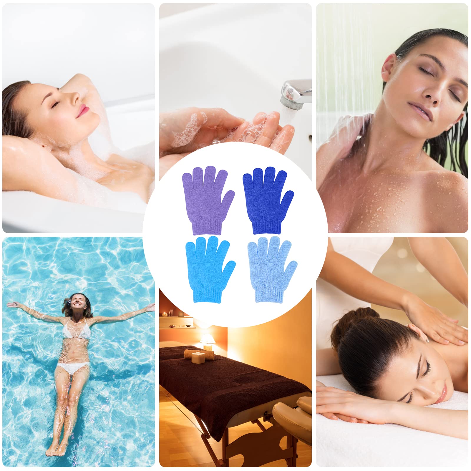 Sibba Lot de 4 Gants de Douche Exfoliants Double Face pour Douche et Corps Exfoliant pour Peaux Mortes A