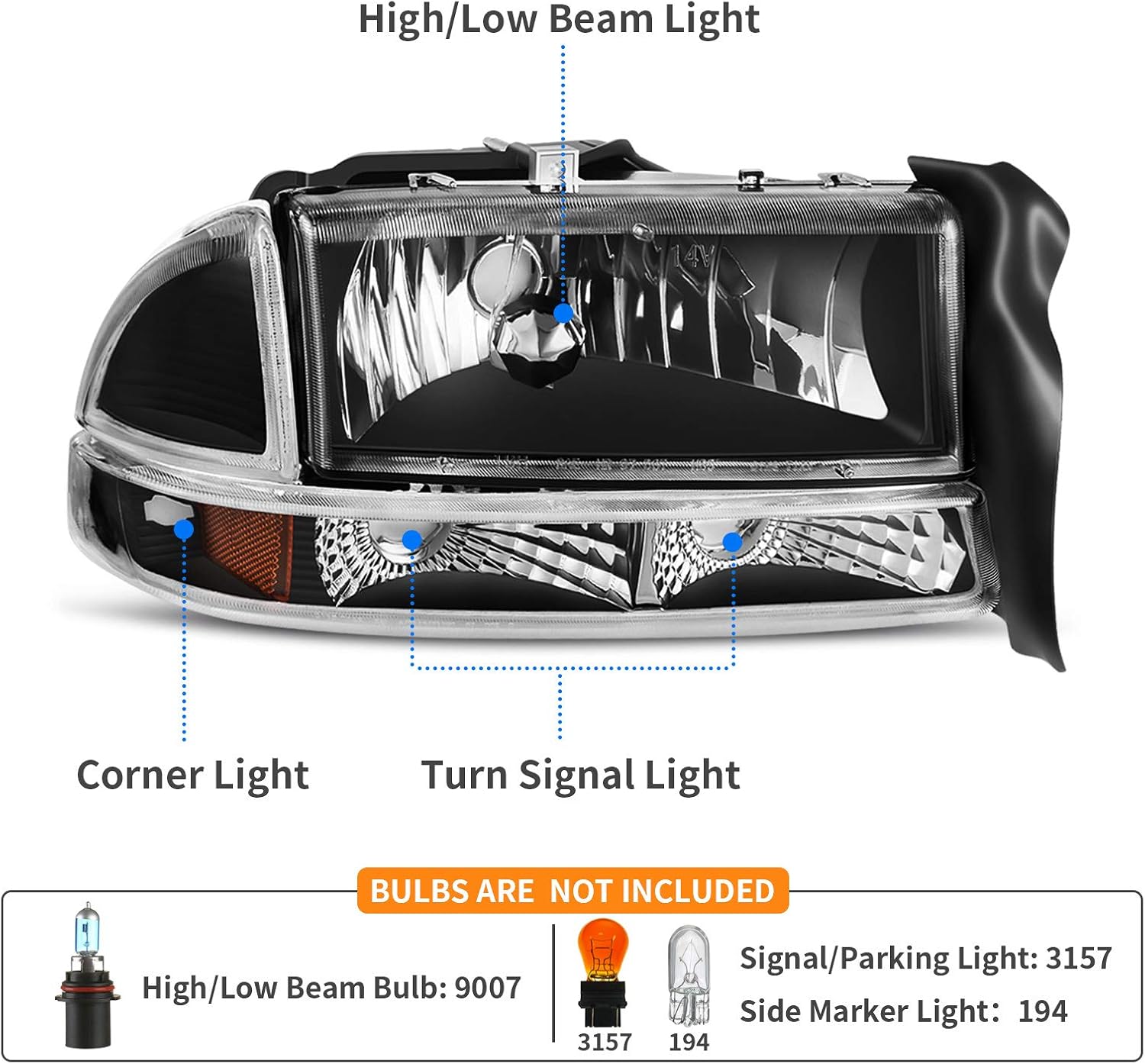 DWVO Headlight Assembly Compatible with 1998-2004 Dodge Dakota 1998-2003 Dodge Durango Headlamp Replacement with Park Signal Lamp Black Housing