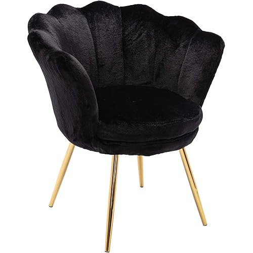Comfy Desk Chair no Wheels, Faux Fur Accent Chair, Vanity Chair for Living Room with Golden Legs, Bedroom, Dining Room, Fur Black