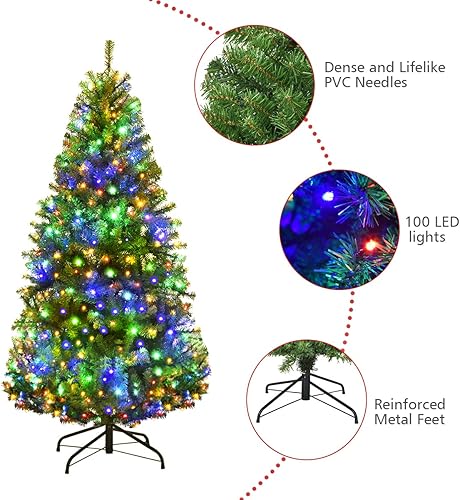 Miniatura 4 de Goplus Árbol de Navidad artificial preiluminado de 4 pies, árbol de Navidad con bisagras con 100 luces LED de doble color, 11 modos de flash, 300