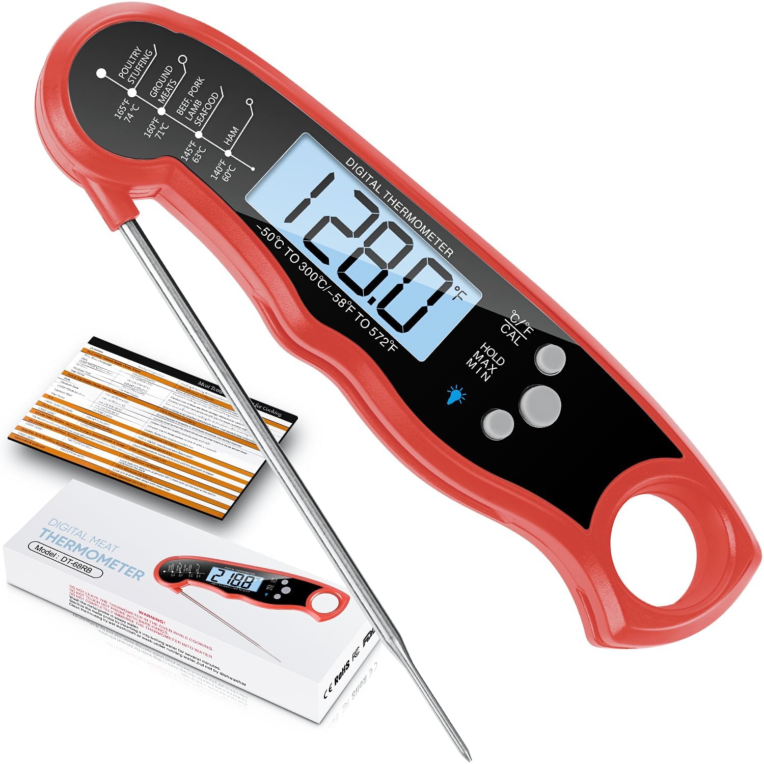Digital Instant Read Meat Thermometer for Cooking, Fast Accurate Food Thermometer with Backlit Display and Stainless Steel Probe, Perfect for BBQ, Grill, Kitchen, Steak, Turkey, Chicken, and Baking
