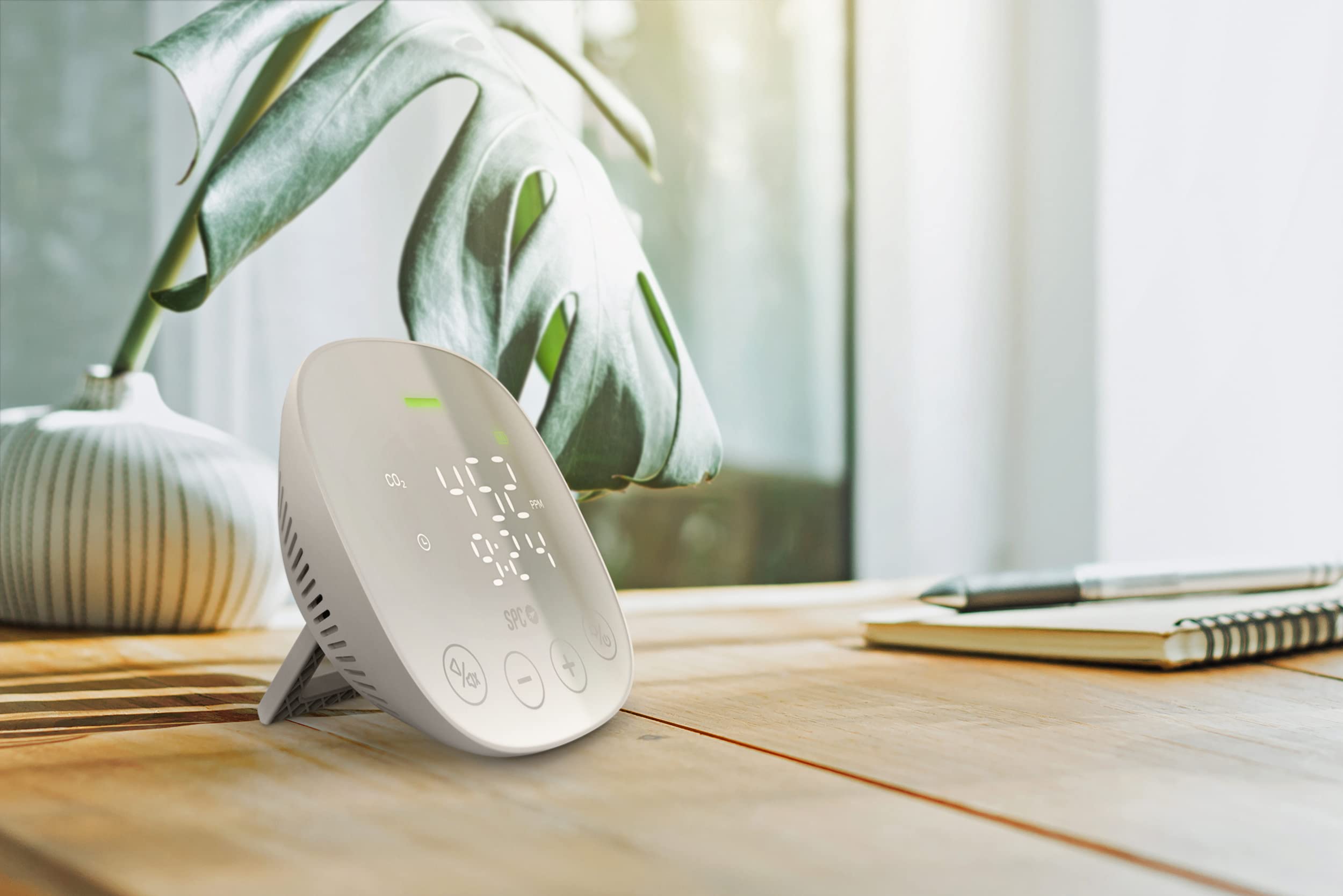 SPC CO2 AIR QUALITY MONITOR - Medidor de CO2, mide la calidad del aire, temperatura y humedad, gran batería y autonomía de hasta 10 horas, Blanco