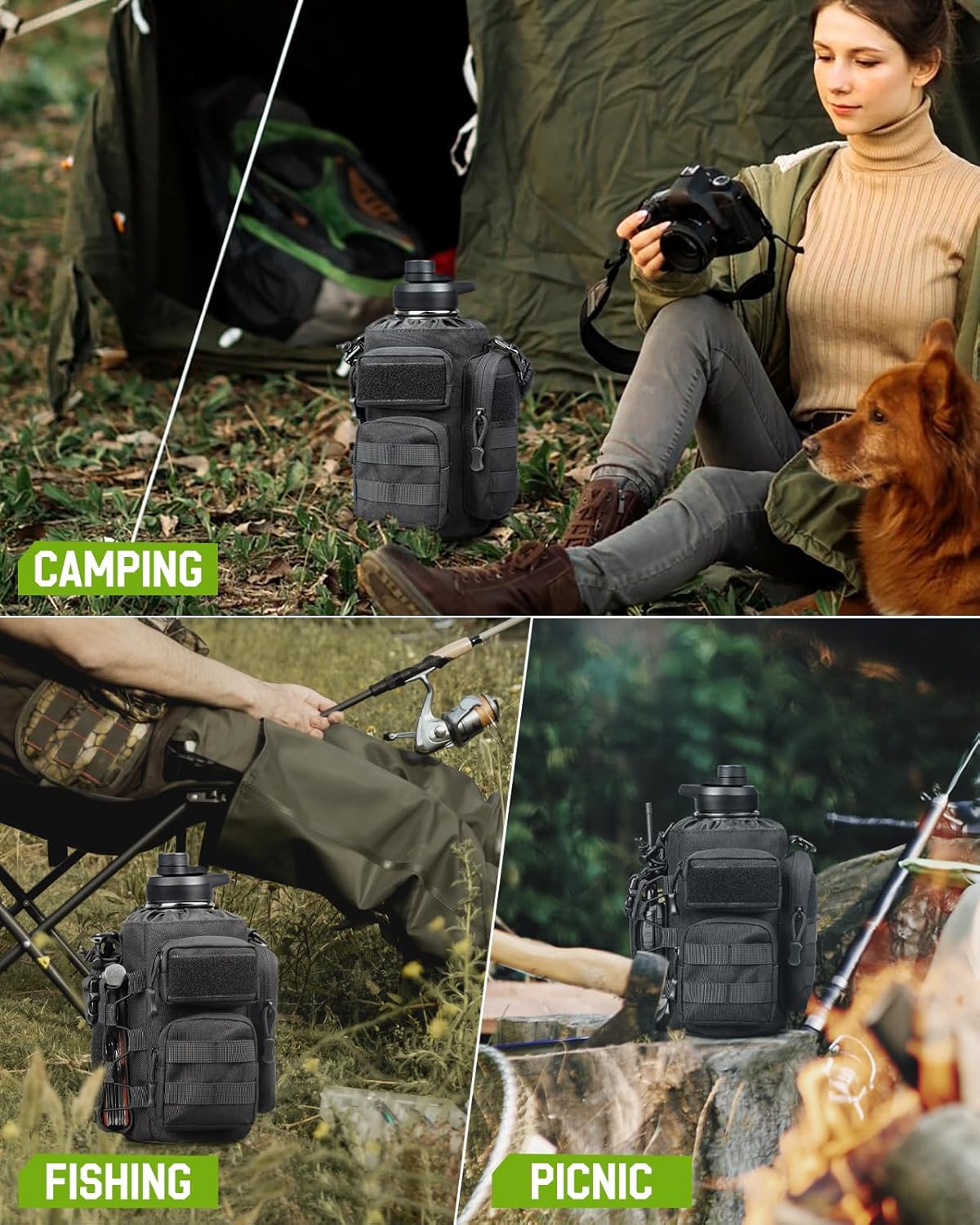 64 oz Insulated Water Bottle with Sleeve, Half Gallon Stainless Steel Tactical Water Jug Large Military Water Bottle with 3-IN-1 Pouch/3 Lids/Straw/Paracord Handle for Gym, Camping, Workout - Image 7