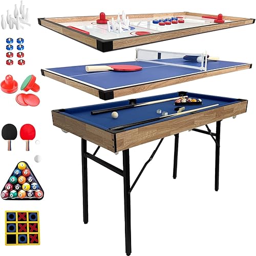 6 in 1 Multi Game Table Folding Pool Table, Billiard, Hockey, Table Tennis, Bowling, Shuffle Board and Tic Tac Toe with All Accessories（4FT, 48"）