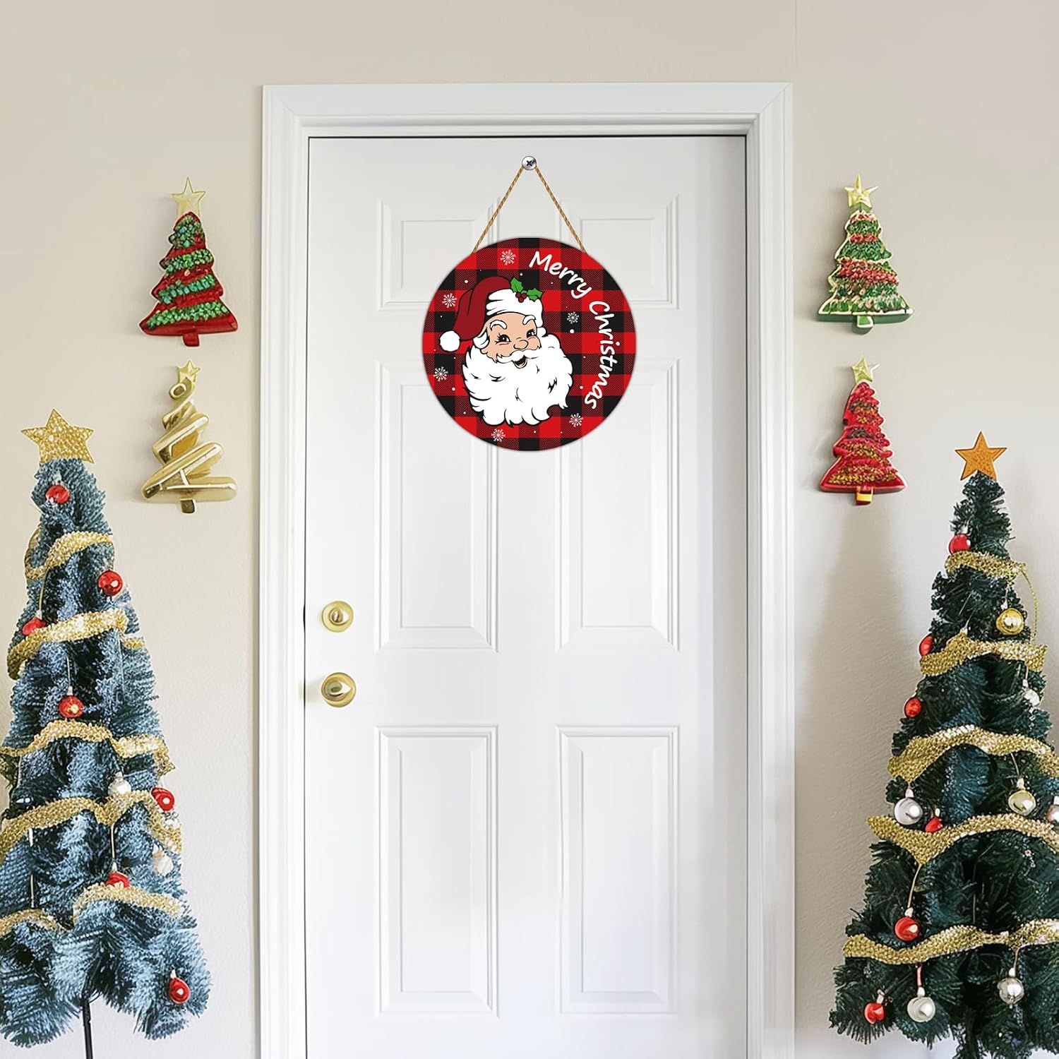 Christmas Door Decorations Santa Claus Decor Merry Christmas Sign Buffalo Plaid Wall Decor Wooden Front Door Hanger Santa Claus Hanging Sign for Wall Indoor Home Decor