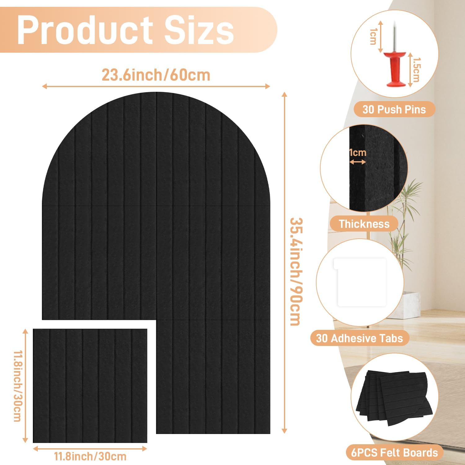 Arched Felt Bulletin Board, Cork Boards for Walls 35" x 24" Pin Board Tiles 6 Pack Black Cork Board Alternative for Office Decor & Classroom & Home, Includes 30 Removable Adhesive Tabs & 30 Pushpins