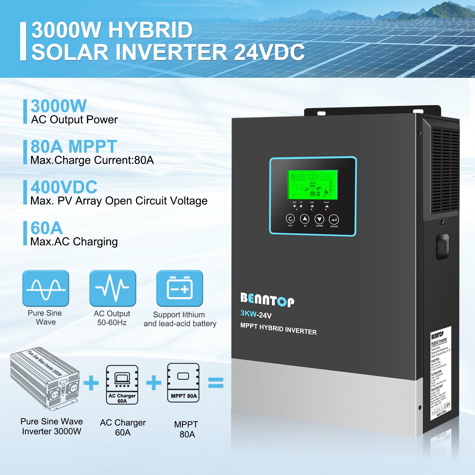 Inversor híbrido 24V a 230v 220v Onda Pura 3000W Off-Grid Solar Inversor,80A MPPT Controlador Solar, MAX.PV 400Vdc,admite baterías de Plomo-ácido y Litio
