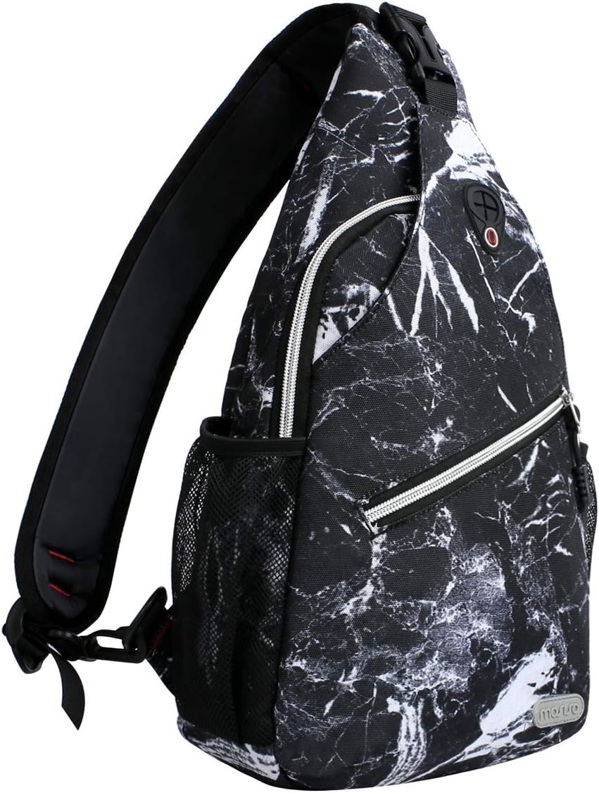MOSISO Sling Backpack,Travel Hiking Daypack Pattern Rope Crossbody Shoulder Bag, Black Marble