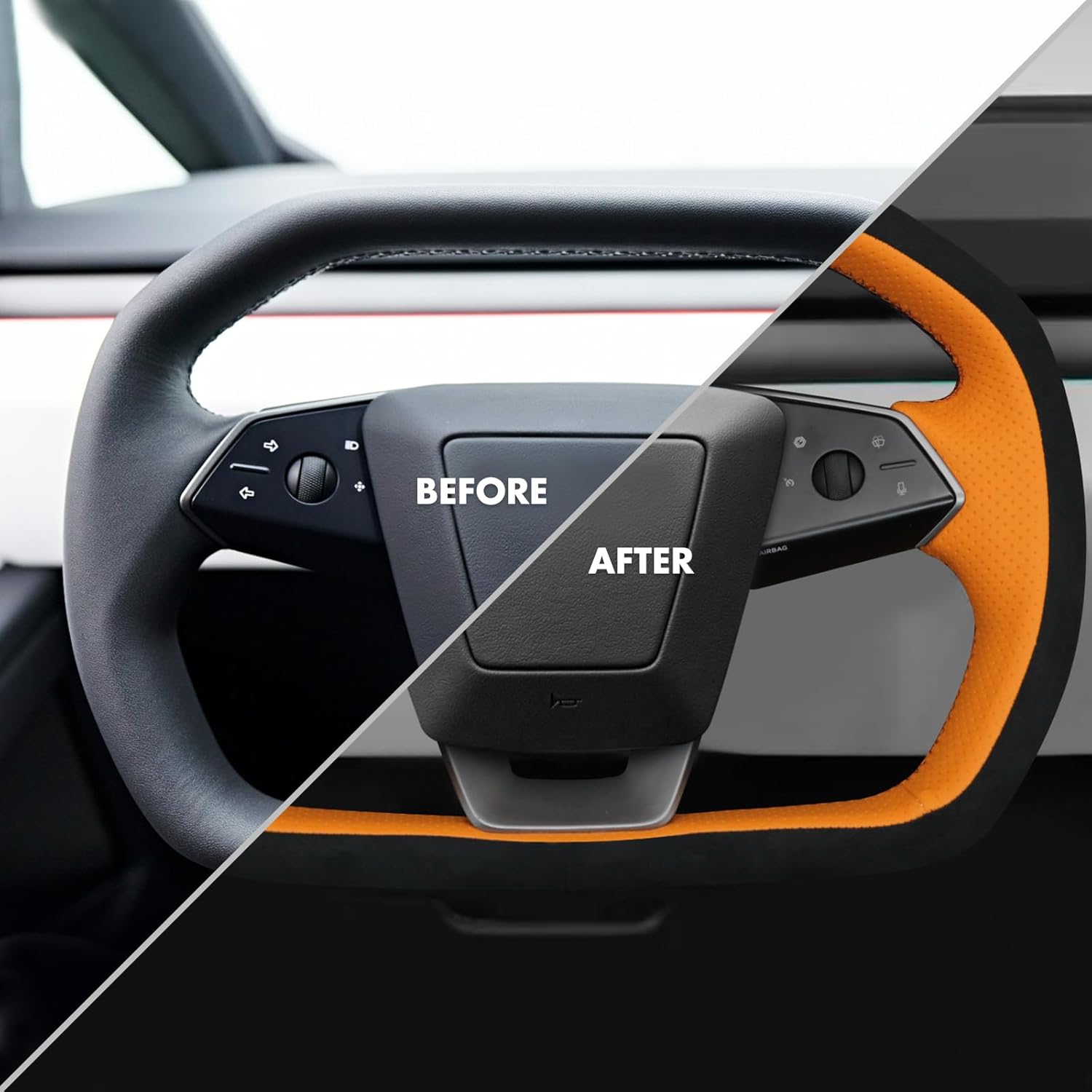 MEWANT Steering Wheel Cover Fit for Tesla Cybertruck 2023 2024 2025 Accessories of Genuine Leather & Suede Steering Wheel Wrap