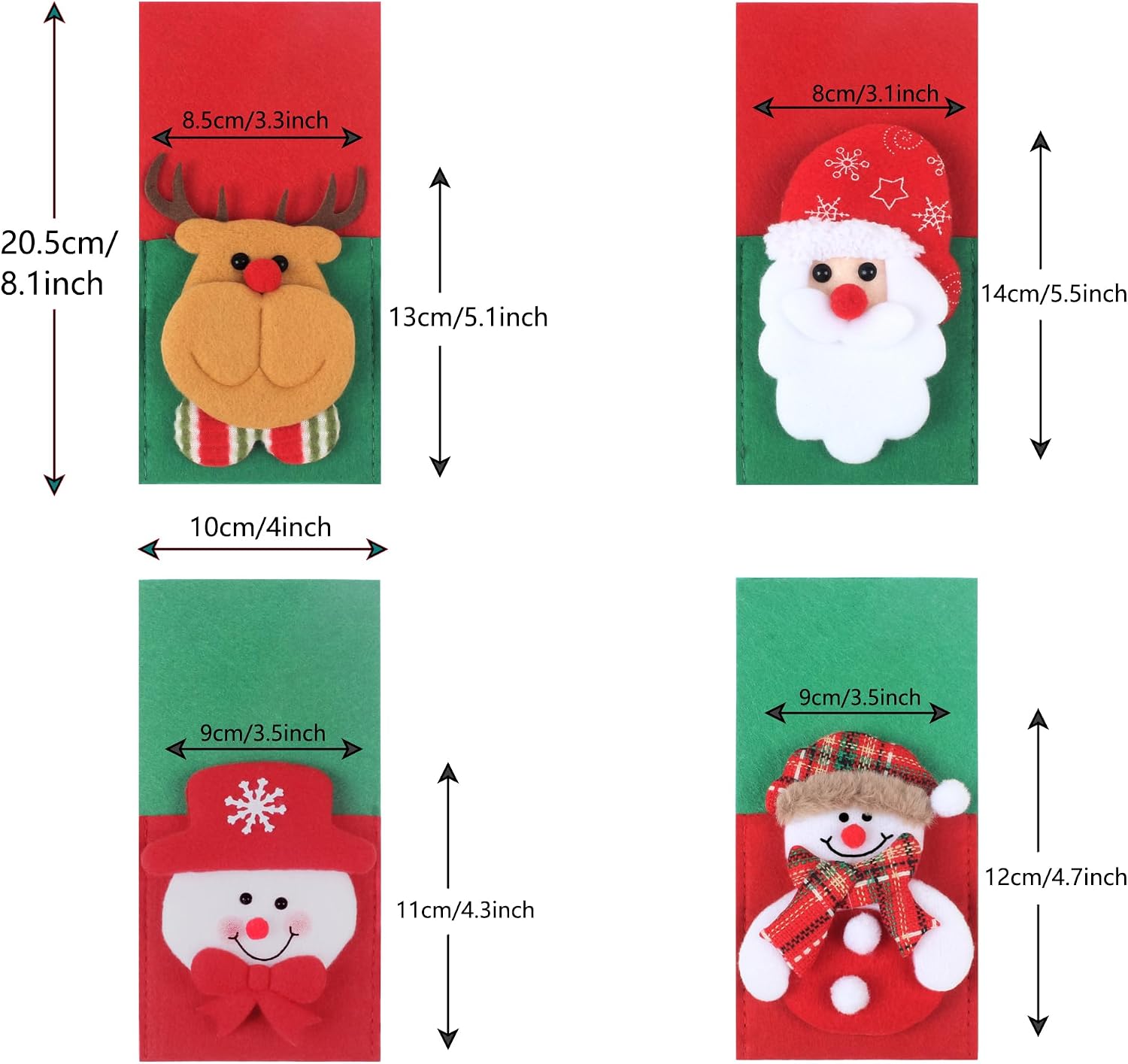 4pcs/set Christmas Silverware Holder Pockets, Santa Snowman Reindeer Design, Red and Green Felt Christmas Utensil Holders Party Dinner Table Supplies (Excluding Silverware） image 5