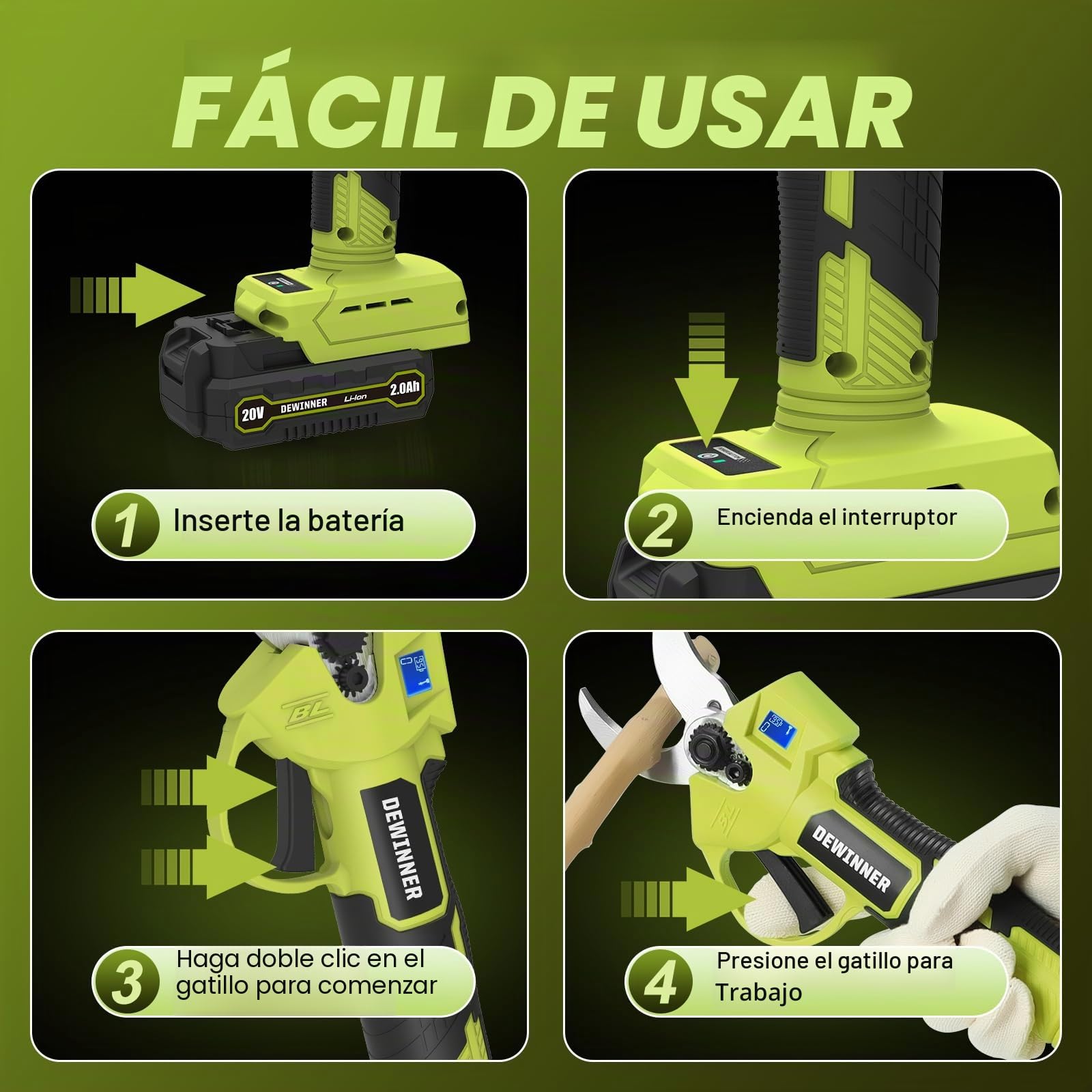 Tijeras de Podar Eléctricas Inalámbricas 20V, Motor sin Escobillas, Hoja SK5, Pantalla LCD, Ø25mm Ajustable, 2 Baterías 2000mAh, Ideal para Jardinería, Viñedos y Árboles Frutales