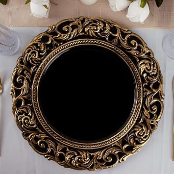 14" Charger Plates - Set of 24 - Black/Gold Disposable Chargers With Engraved Baroque Rim Round Acrylic Serving Plate For Wedding Party Events