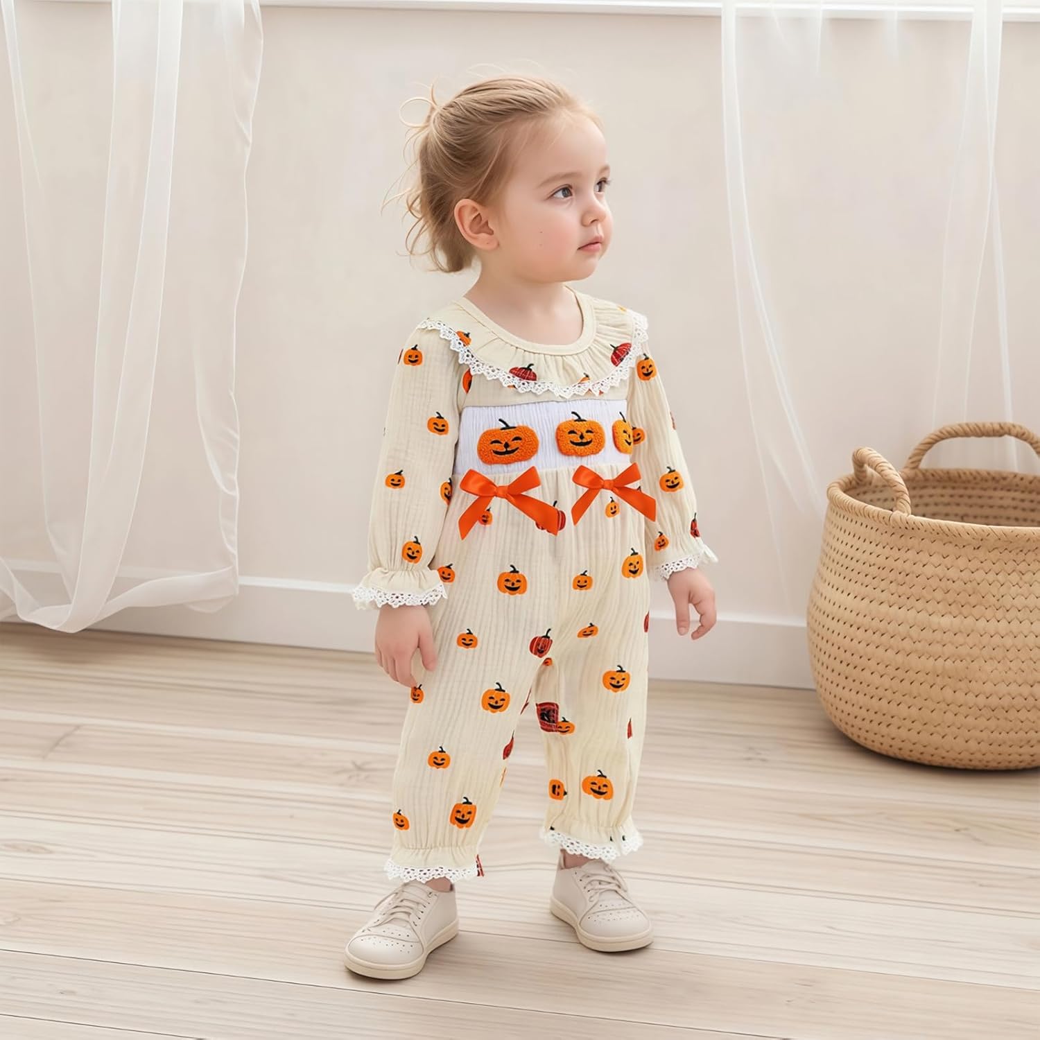 Newborn Baby Girl Halloween Outfit Doll Collar Pumpkin Jumpsuit Romper Ruffle Sleeve Bodysuit Long Overalls with Bow - Image 3