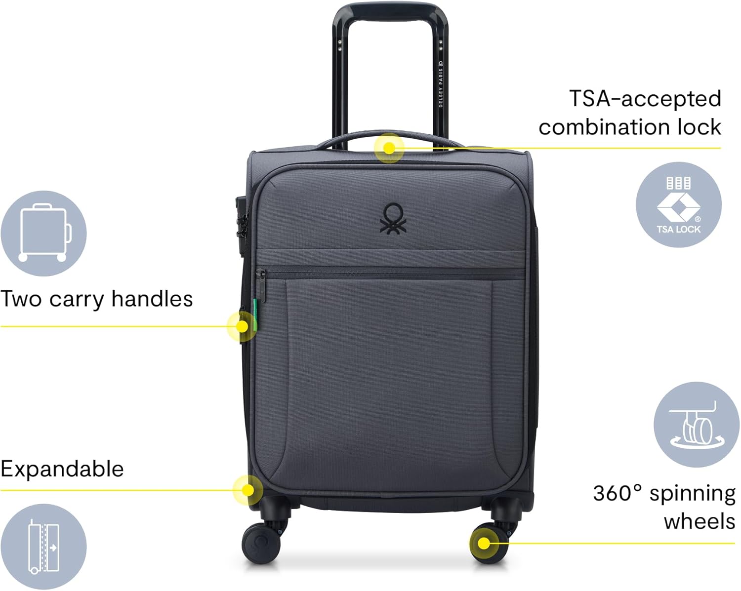 United Colors of Benetton Be Softside Expandable Luggage with Spinner Wheels, Anthracite, Carry-On 19 Inch