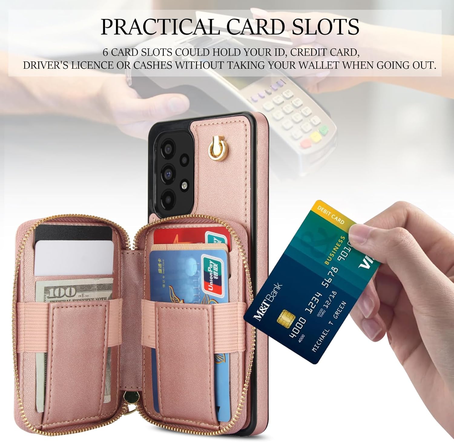 Phone Case for Samsung Galaxy A53 5G Wallet Cell Cover with Tempered Glass Screen Protector Wrist Crossbody Strap RFID Blocking Credit Card Holder A 53 G5 53A SM A536U 6.5" 2022 Women Girls Rose Gold
