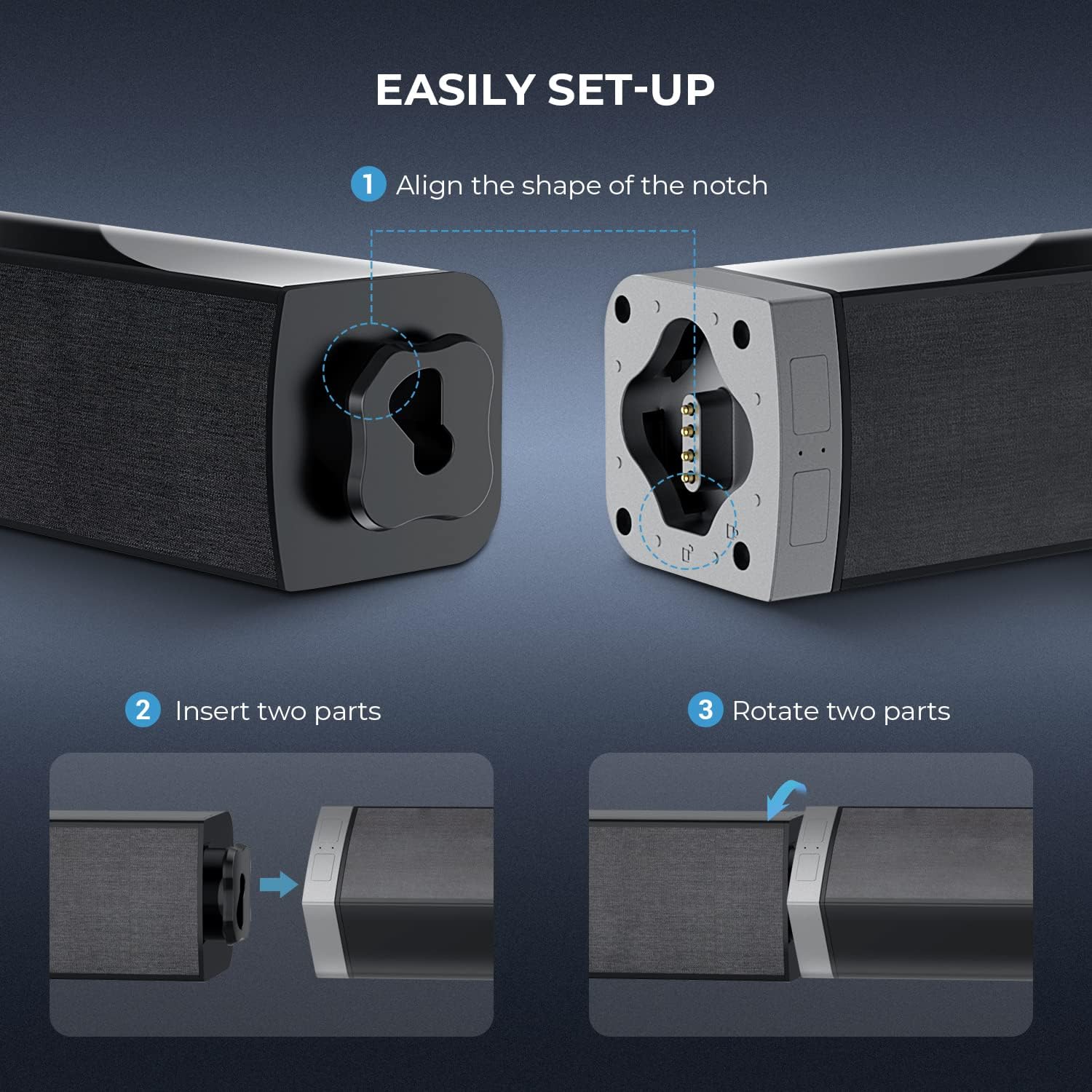 Diagram showing how to align, insert, and rotate the two halves of the sound bar for assembly.