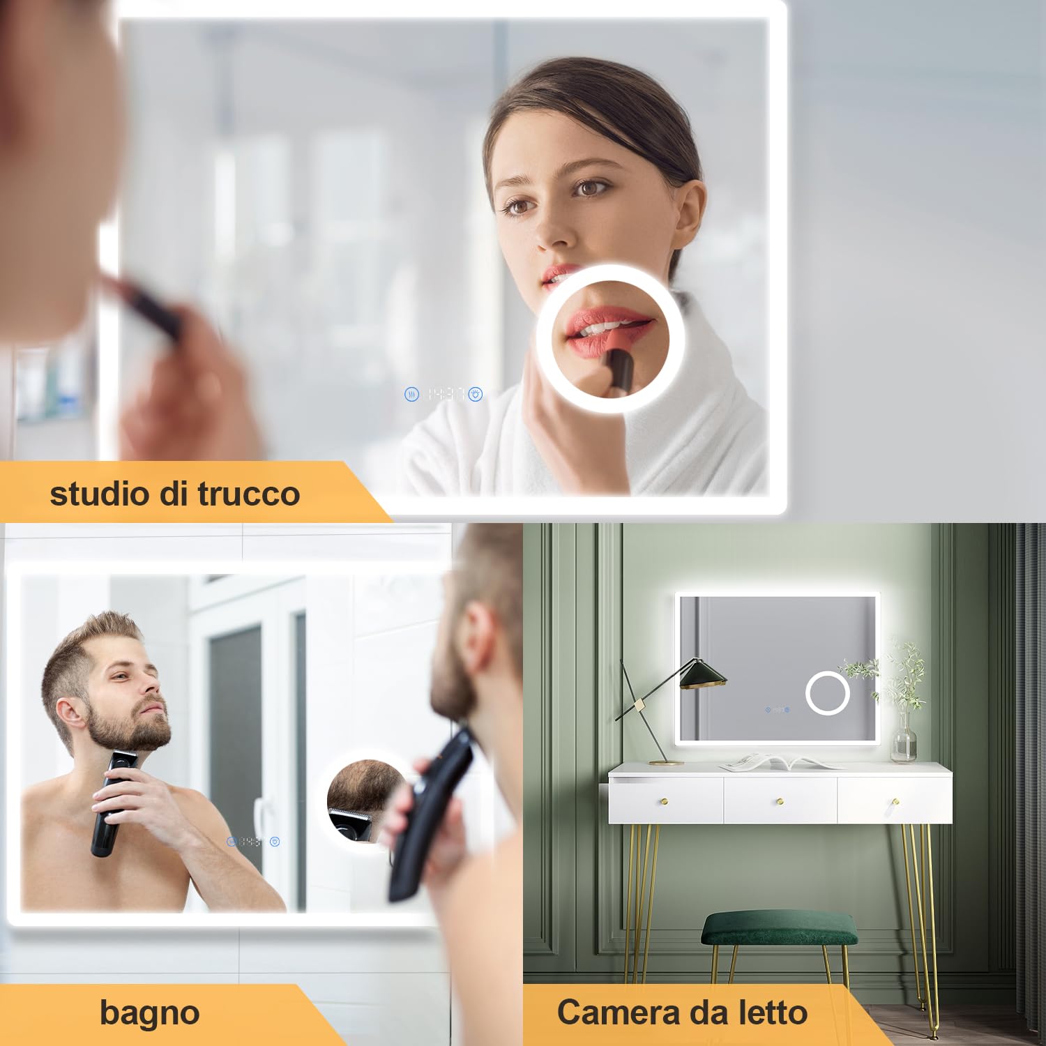 SONNI Specchio da Bagno a LED con Illuminazione, Specchio Con Luci 80 x 60cm Con illuminazione, Funzione Tri-colore Dimmerabile e Infinitamente Dimmerabile con Triplo Ingrandimento