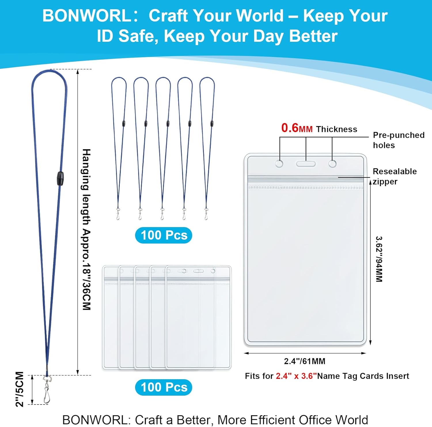 Bulk Breakaway Lanyards for ID Badges, 100 Pack Blue Lanyard with Vertical ID Badge Holder, Clear Waterproof Name Badge Holder with Lanyard for Hospital, Clinic & Corporate Safety