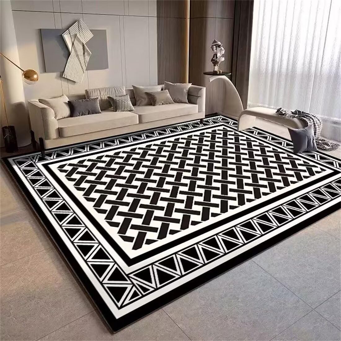 Waschbarer Teppich Antirutsch Schwarz-weiß Kariertes geometrisches Design, Sofateppich, Schlafzimmerzubehör, waschbar Mädchen Kinderzimmer 80X160CM