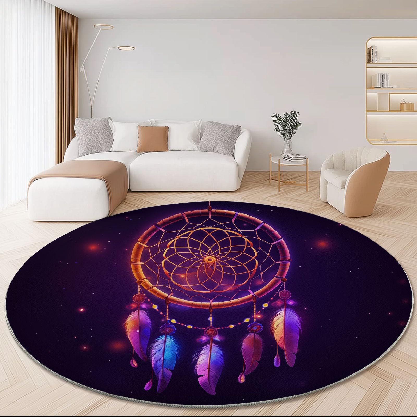 Flauschiger Teppich Rund 140 cm Kinderzimmer | Traumfänger Federn Design Bunt | Weicher Plüschteppich Waschbar & rutschfest | Moderner Spielteppich & Dekorative Bodenmatte Wohnzimmer
