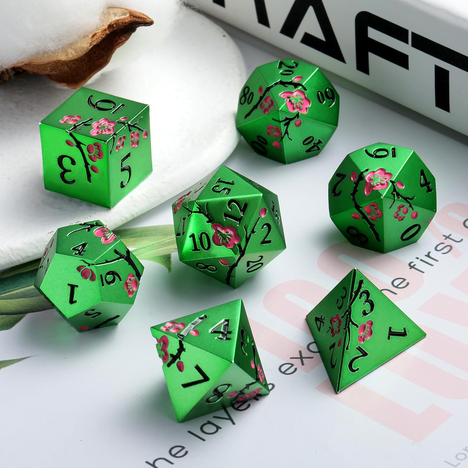 DNDND Matt Green Metal Dice Set with Metal Case and Dragon Roulette Spinner Dice with Luxurious Box