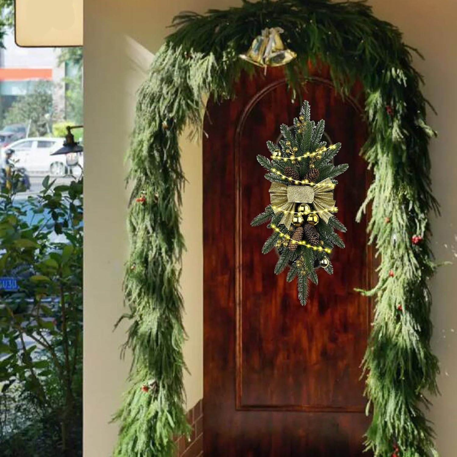 Prelit Christmas Stairs Swag,Christmas Garland,The Cordless Prelit Stairway Swag Trim,Christmas Wreaths for Front Door,Christmas Swags for Decorating Outdoor Indoor Home Decor