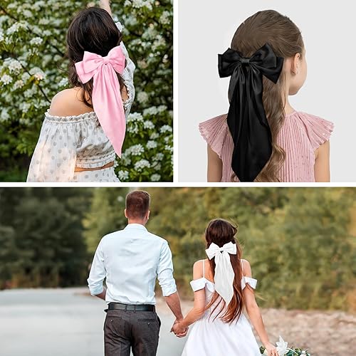Miniatura 5 de CIEHER 3 pinzas para el pelo con lazo grande, deslizadores de pelo con lazo grande, clip de resorte de metal, lazo de seda con cola larga,