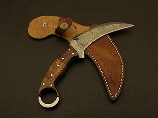Custom handmade Damascus steel karambit knife handle with Rose wood/sheath