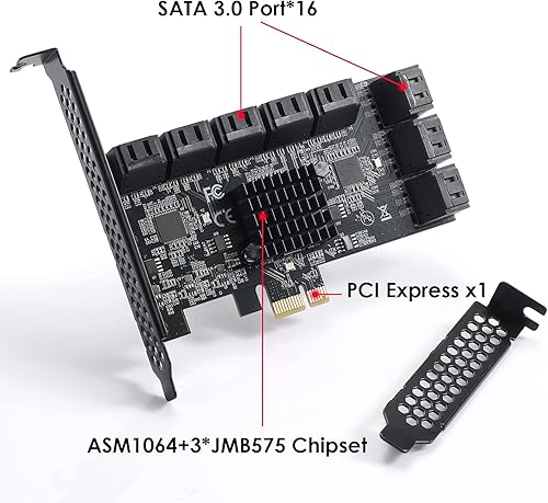 Miniatura 10 de Tarjeta SATA PCIe de 24 puertos, tarjeta PCIe SATA 3.0 de 6 Gbps, compatible con 24 dispositivos SATA 4X 8X 16X 3.0, con cables SATA y cable divisor