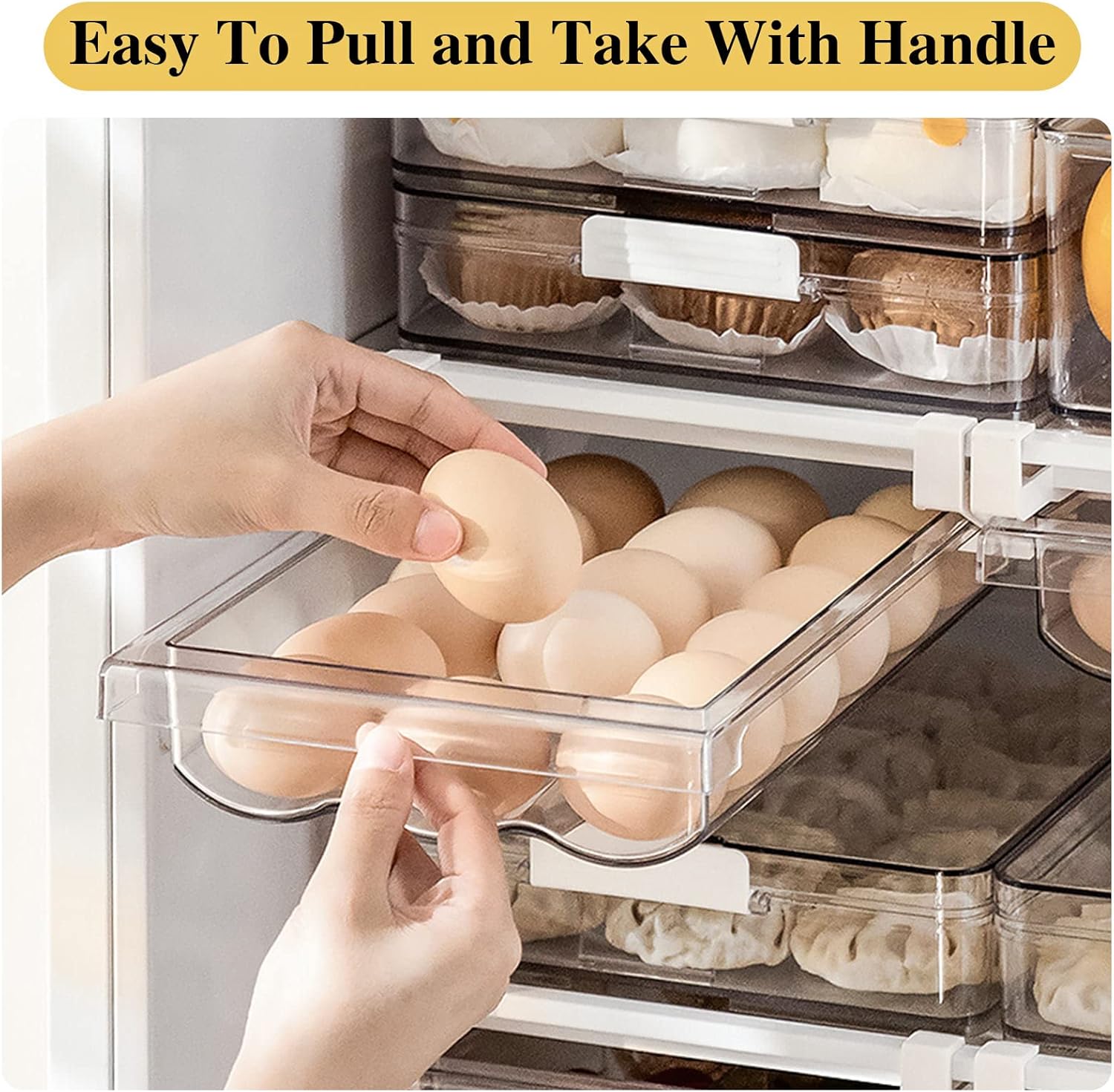 KLUFO Egg Holder for Refrigerator with Handle, Automatic Rolling Egg Storage Container for Refrigerator Clear Plastic Egg Drawer for Refrigerator Pull Out Egg Tray for Fridge Shelf