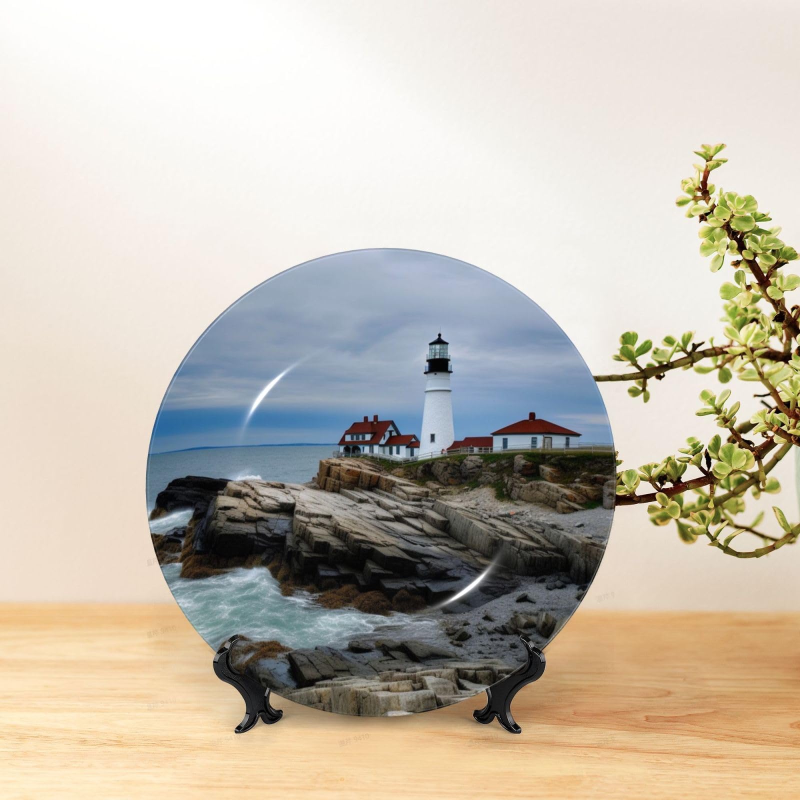 SHIRMDIY Blue Sky Lighthouse Decorative Porcelain Dish with Stand, Circle Decorative Plates for Display Sea Reef Home Office Kitchen Wall Decor, 6in