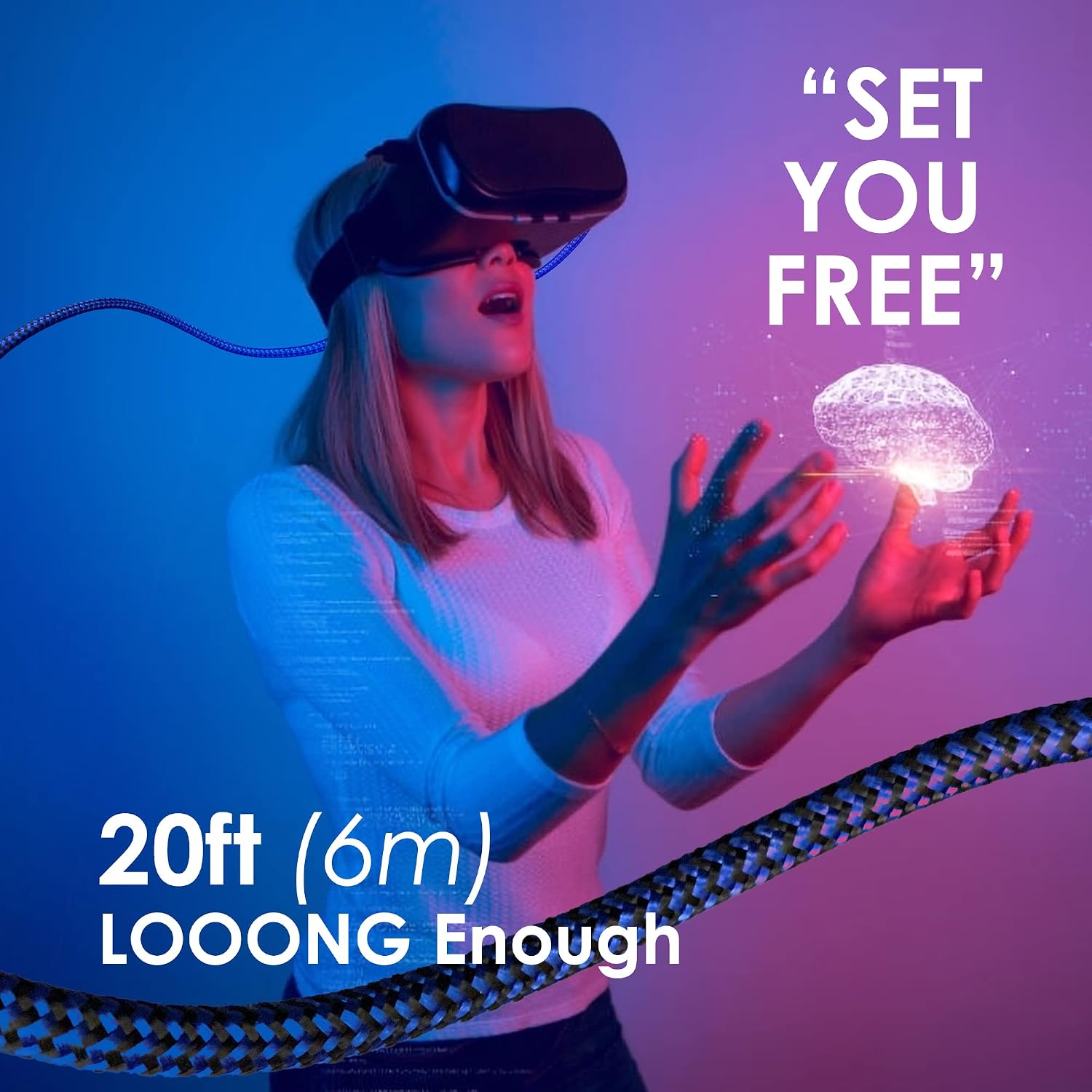 Kopatesun for Oculus Quest 2 Link Cable: 20FT USB 3.0 Type C to C - Fast Charging Cables, Long Nylon Braided Cable to PC, Virtual Reality Extension Charger Cord (Black Blue)