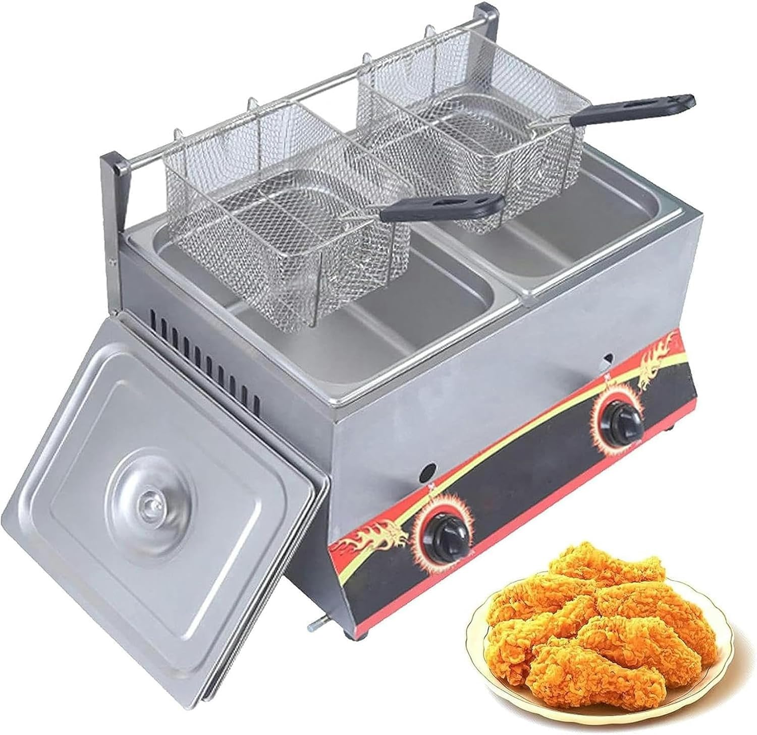 XENITE Stainless Steel LPG Fryer/Gas Fryer, Commercial Professional Deep Fryer, Adjustable Firepower and Temperature Contro, Multi-Function Countertop Fryer with Frying Basket and Lid
