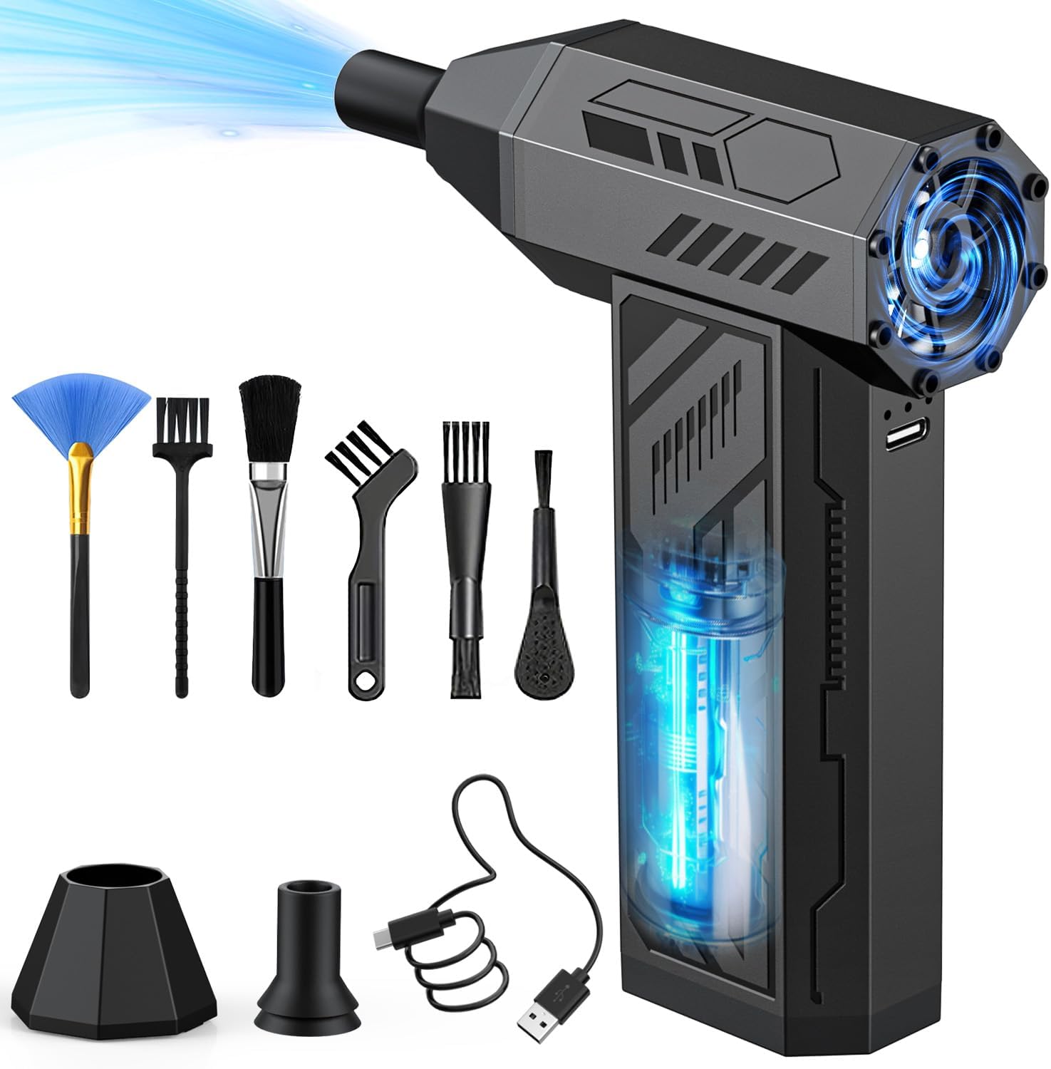 Electric Air Duster 4 Gear Adjustable 130000RPM Super Power Cordless Compressed Air Duster Rechargeable Brushless Blower 4 Nozzles 10 Brushes for Computer, Keyboards, Home, Cars and Outdoor