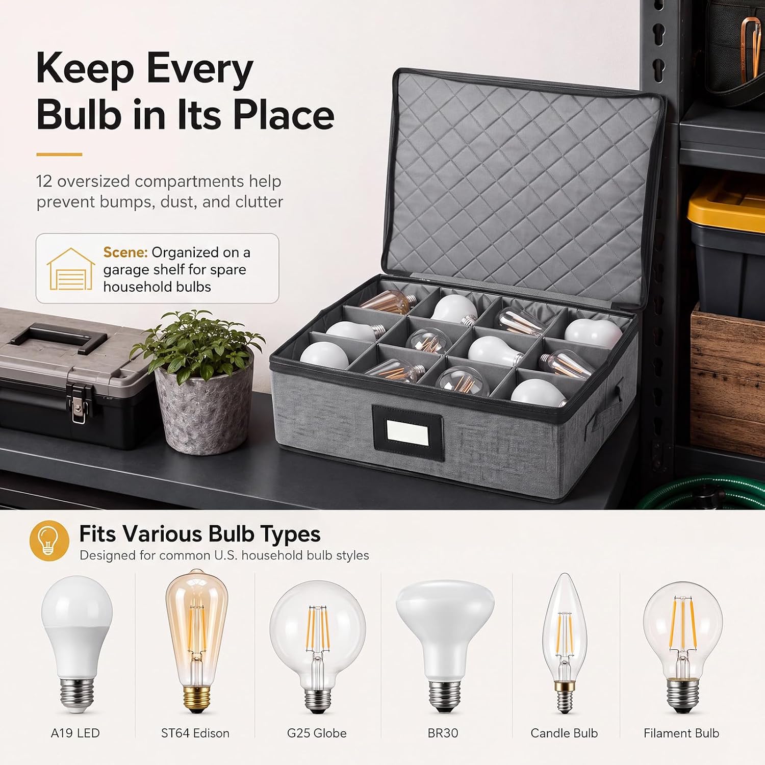 Light Bulb Organizer Storage Box with 12 Dividers