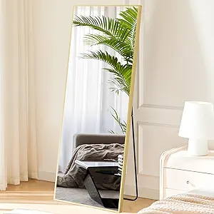 Sweetcrispy 64"x21" Full Length Mirror Full Body Floor Mirror Standing Hanging or Leaning Wall, Wall Mirror with Stand Aluminum Alloy Thin Frame for Bedroom Cloakroom,Gold