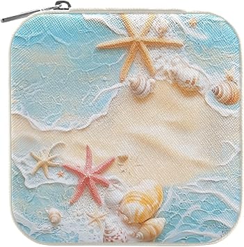 Travel Jewelry Case Box Small Mini Jewelry Organizer Display Storage for Ring Earrings Necklace Girls Women Men Blue Beach Sea Star Shell Summer