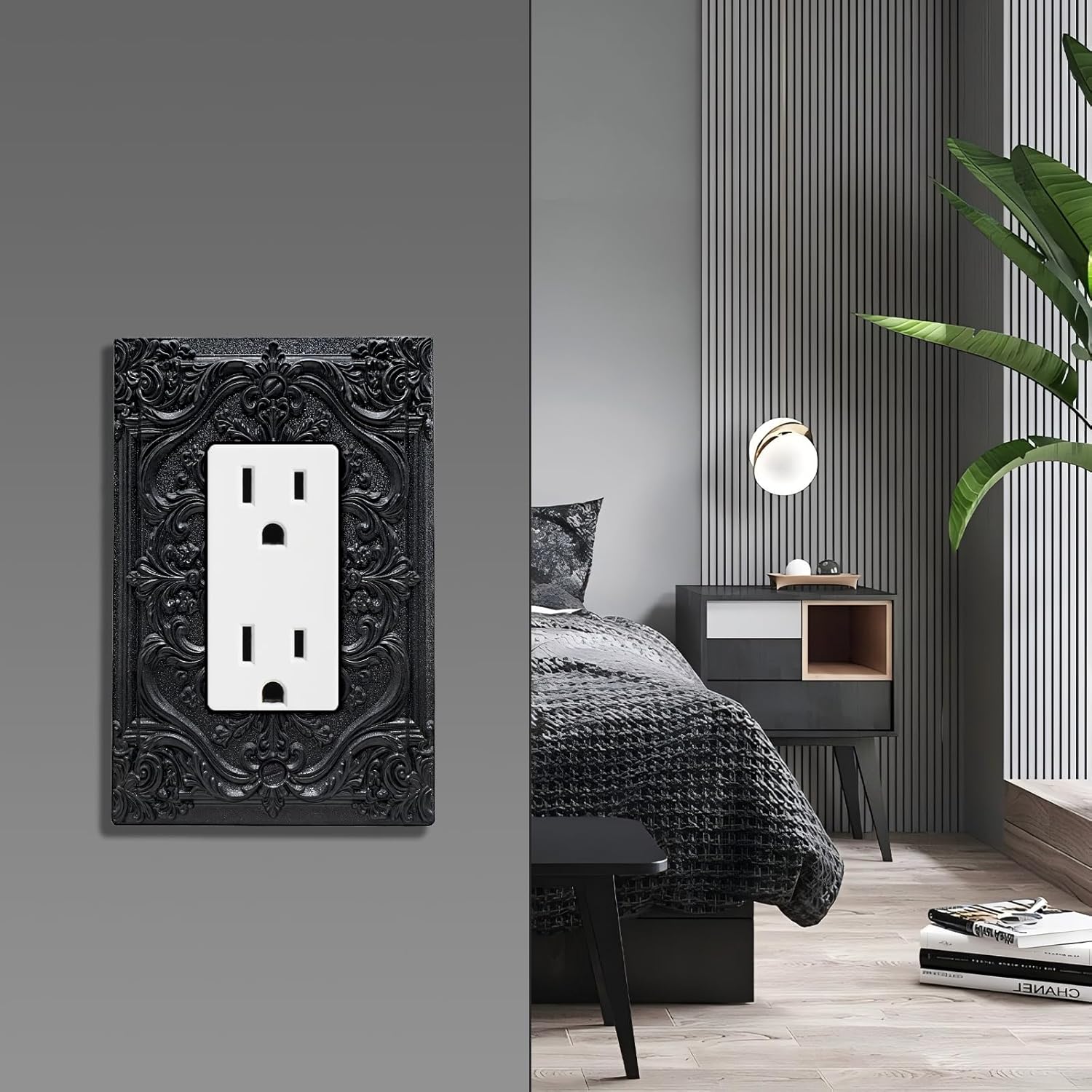 Decorative Outlet Covers Black Luxury 3D Embossed Ornate Floral Design 1 Gang Rocker Light Switch Cover Plate Single Decora Light Switch Covers Wall Plate Faceplate for Elegant Home Decor