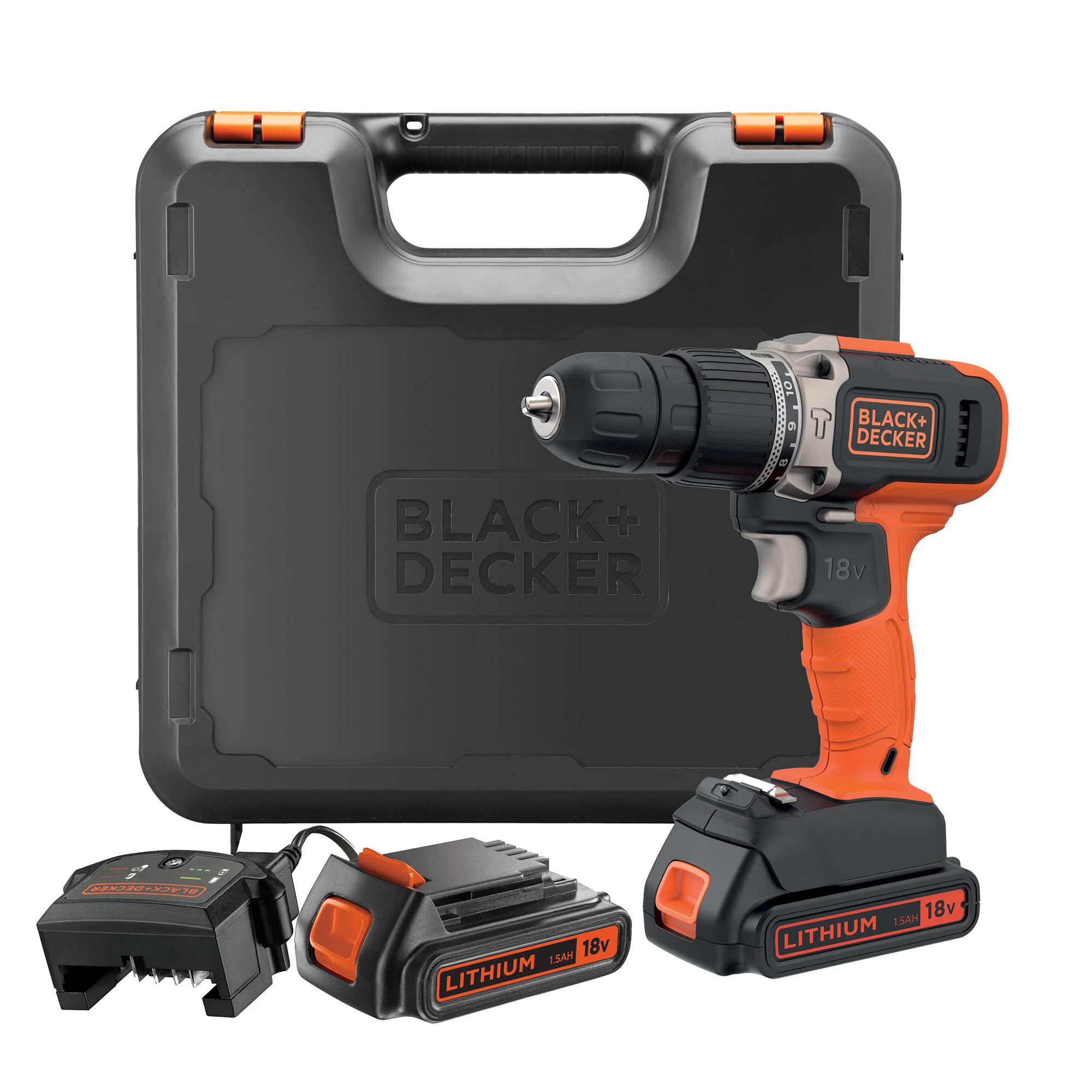 BLACK+DECKER Taladro percutor inalámbrico de 18V y 2 velocidades con dos baterías de 1,5Ah y cargador de 400mA, par de 45Nm, luz de trabajo LED y maletín, BCD003C2K-QW