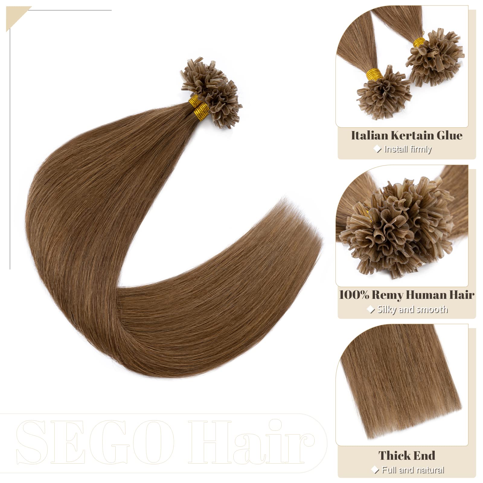 SEGO Extensiones Queratina Pelo Natural sin Clip U Tip Castaño Claro 100 Mechas 50g